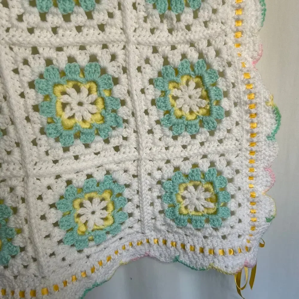 Handmade 3D Floral Baby Afghan 39x39 Green Yellow‎ Pink White